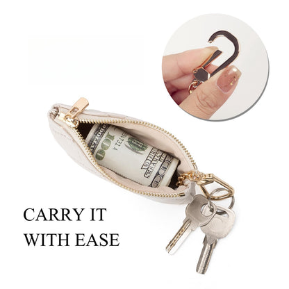 LARENNT Quilted Leather Coin Purse with Keychain - Small Coin Pouch Key Pouch Small Card Holder Keychain Wallet Change Purse for Women and Men (Creamy-white)