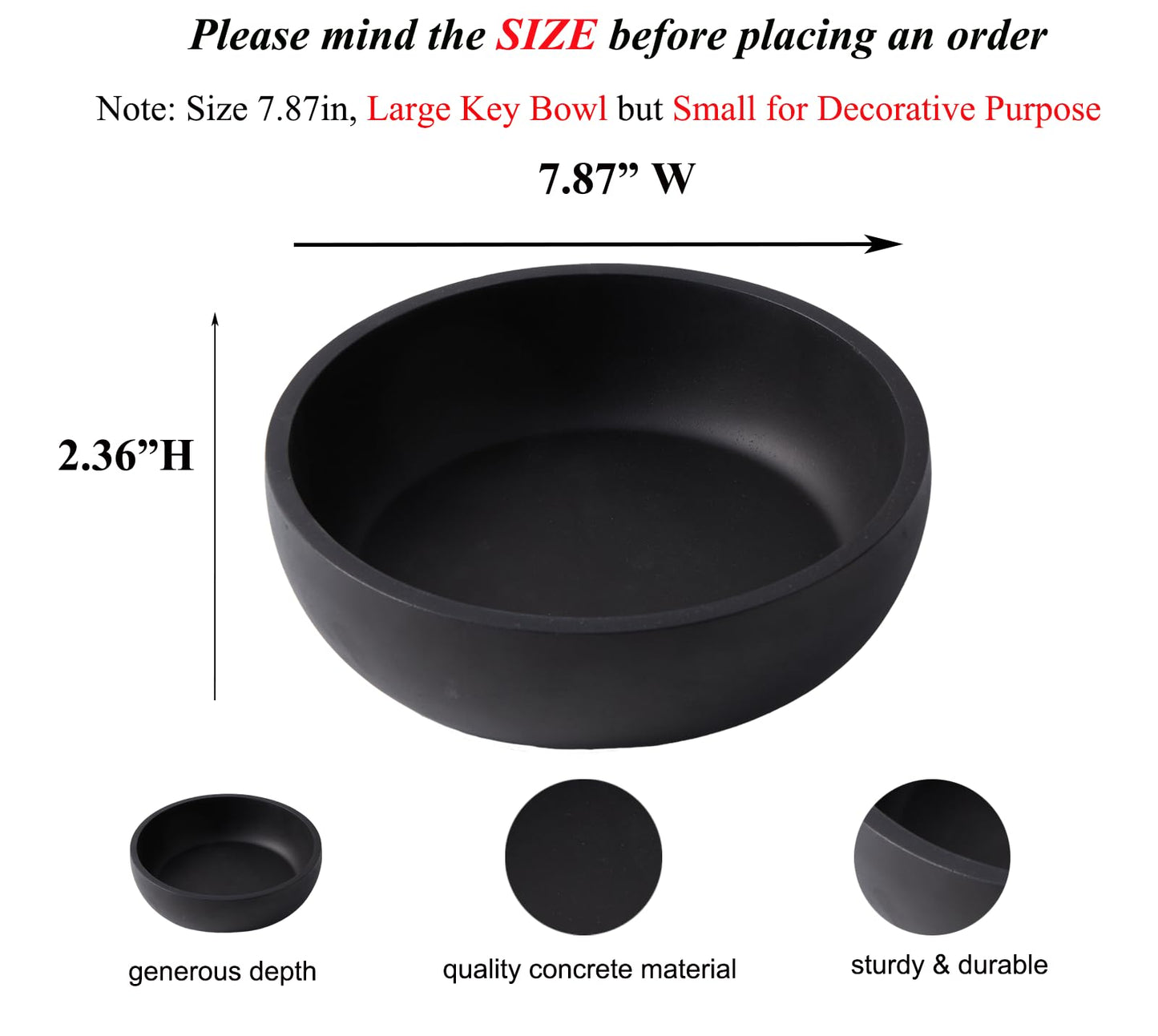 Aotea Crafts - 7.9" Concrete Large Key Bowl for Entryway Table Decor - Modern Industrial & Minimalist Decorative Key Holder Bowl for Keys- Charcoal Black- Smooth Texture - Sealed & Durable