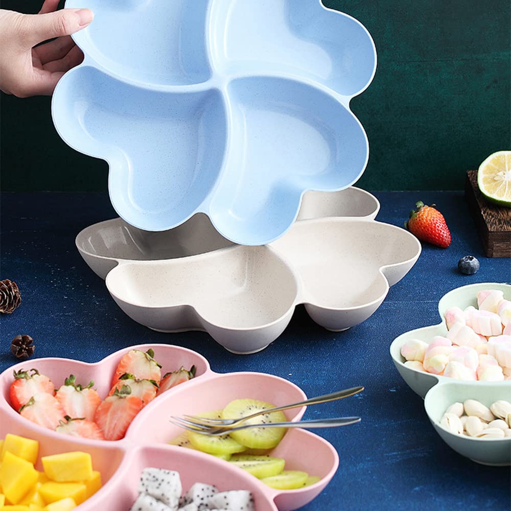 INCAUCA Divided Serving Tray, Appetizer Sectioned Platter, Dessert Serving Dish, Reusable Plastic Snack Plates, Round Relish Tray, 4 Compartment for Chips and Dip Veggies Candy Nut Fruit (Blue)