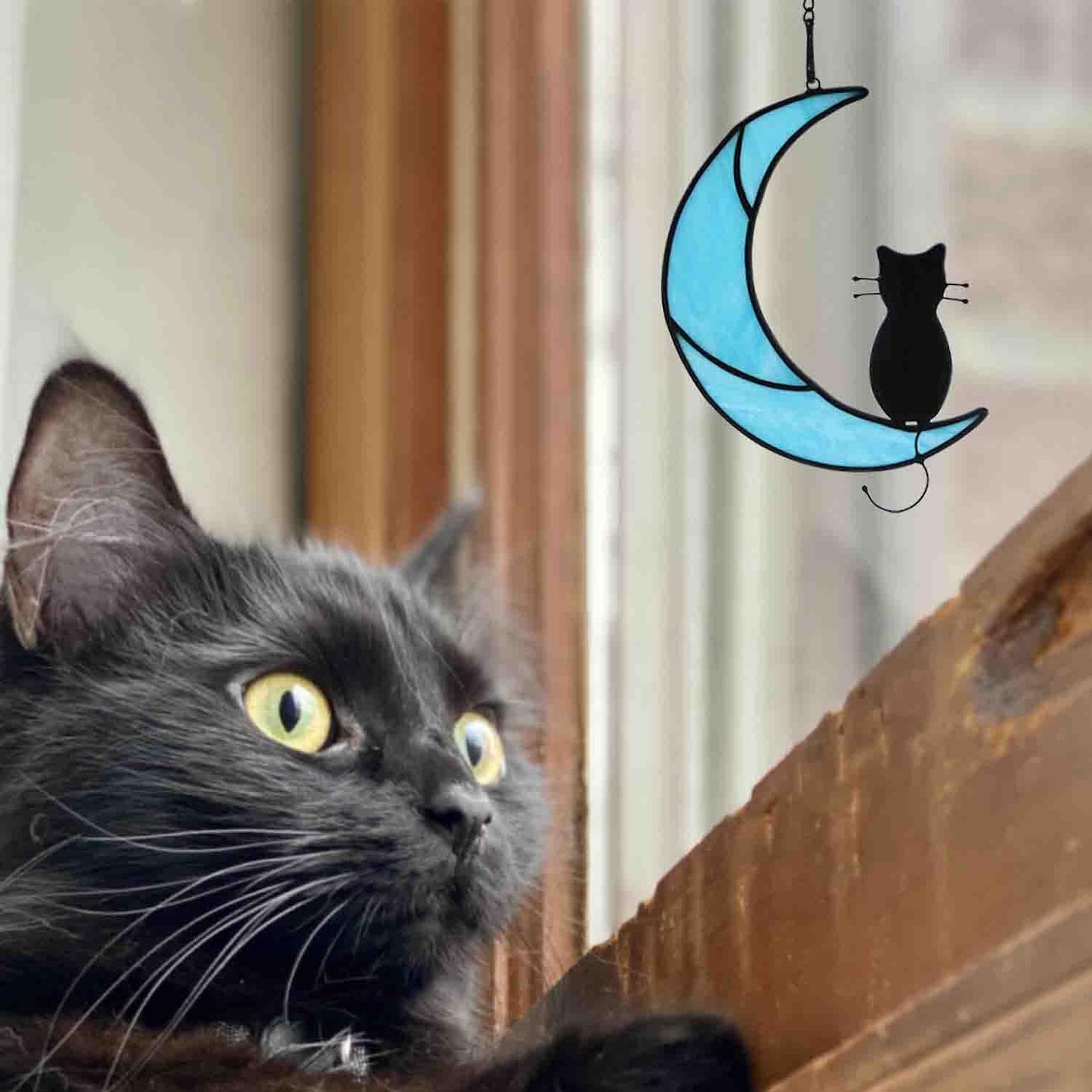 HAOSUM Black Cat Decor On Moon Suncatcher Decoration,Cat Memorial Gifts for Cats Lovers Stained Glass Window Hangingt,Cats Loss Sympathy Gift,Pet Memorial Gifts for Women