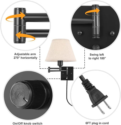 TRLIFE Wall Sconce with Remote Control, Dimming 10%-100% and Adjustable Color Temperature 2700K-6500K Swing Arm Wall Lights with Plug in Cord, 9.4" Medium Beige Fabric Shade(2 Pack, 2 Bulbs Included)