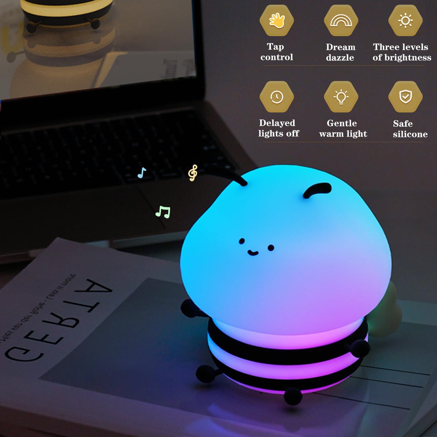 Bestfaith Cute Bee Kids Night Light, LED Squishy Night Lamp, Dimmable Nursery Nightlight for Kids, Rechargeable Timer Touch Lamp, Dorm Decor, Funny Gifts (Bee)
