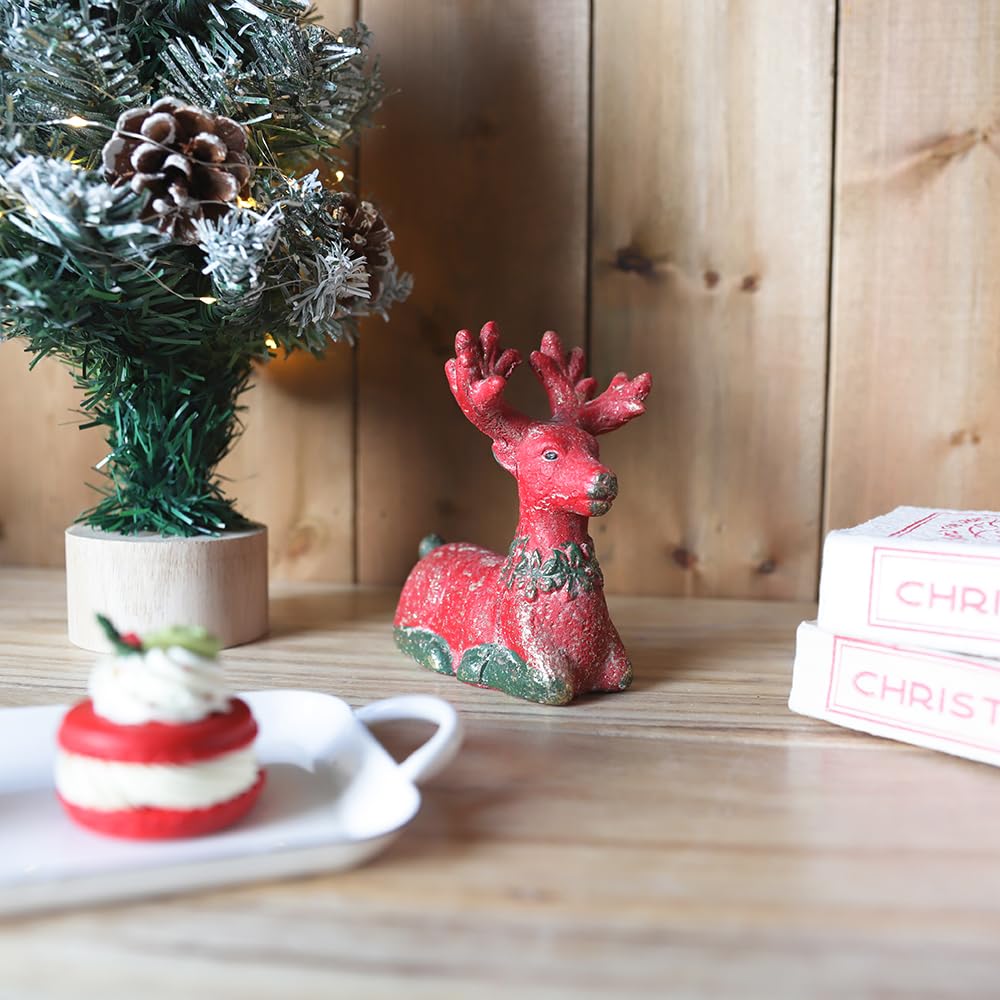 Quorvynne Christmas Reindeer Figurines,5.12 * 3.54 * 5.7inches Animal Reindeer Decor Deer Statues Sculpture Tabletop Ornaments for Cabinet Mantel Shelves Fireplace Home Décor Accents(Red)
