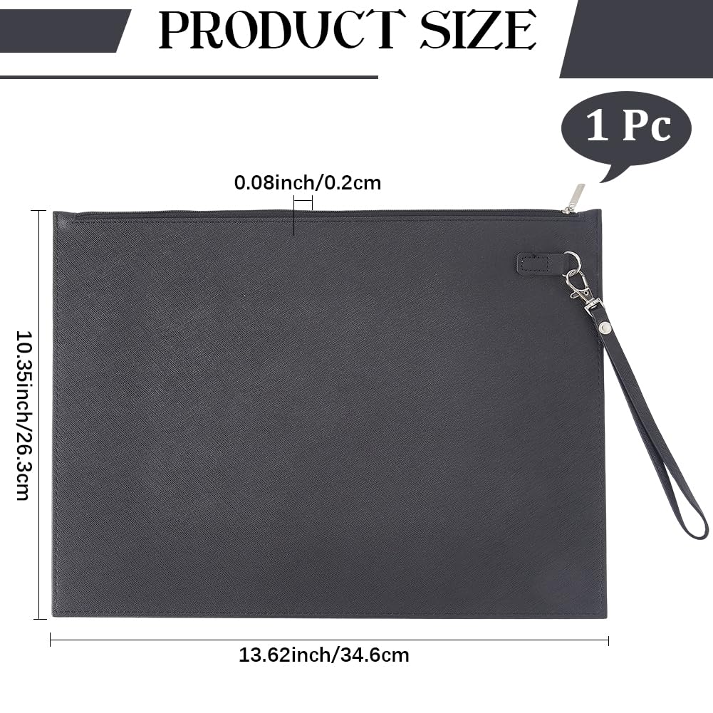 CALFOVERA A4 PU Leather File Holder with Removable Hand Strap Black Thin Document Folder Waterproof Portfolio Filing Zipper Pocket Oragnizer Bag Case for Receipt Contract Stationery Tablet