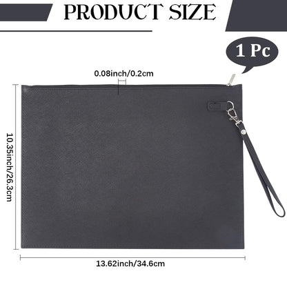 CALFOVERA A4 PU Leather File Holder with Removable Hand Strap Black Thin Document Folder Waterproof Portfolio Filing Zipper Pocket Oragnizer Bag Case for Receipt Contract Stationery Tablet
