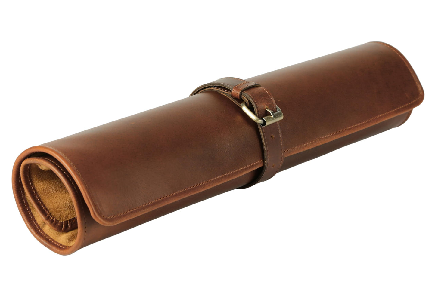 KomalC Premium Buffalo Leather Chef Knife Roll – 17.5″ × 17.5″ Knife Storage Bag with 4 Slots, Suede Lining, Brass Buckle & Zipper Pouch – Portable Travel Case for Chefs & Culinary Students