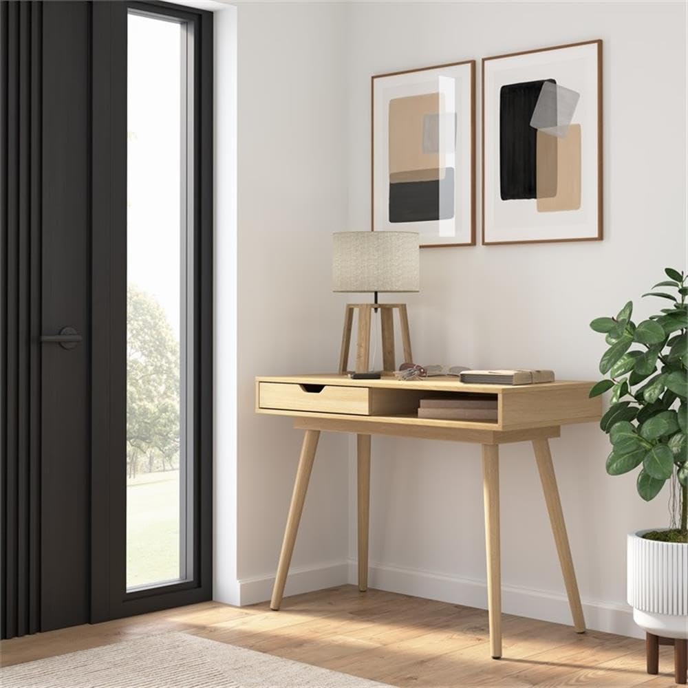 Bush Home Nora 40W Writing Desk in Natural Oak | Compact Writing Table with Storage, Workstation for Home Office or Study Room