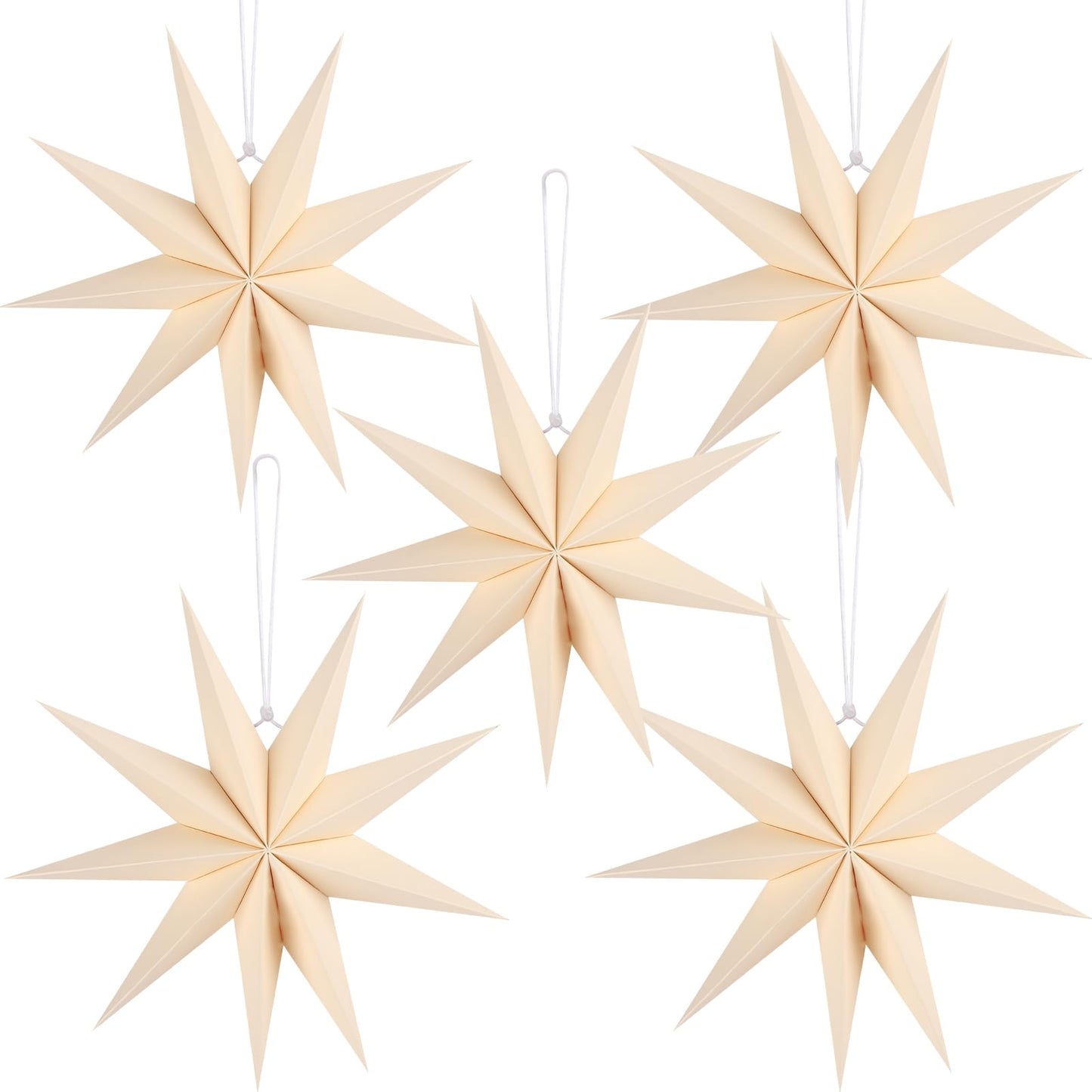 BestoFun 12 Inches 5 PCS Beige Paper Star Lanterns Christmas Party Decorations Hanging Stars Christmas Party Decorations Wedding Birthday Christmas Home Party Decorations(9 Pointed)