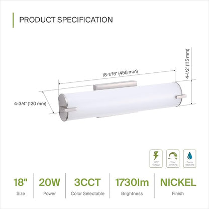 ASD LED 18" Vanity Wall Mount Light Fixture, Linear Bathroom Lighting Bar | 3CCT, Dimmable, Energy Star, ETL Listed | 20W 1500LM 3000-5000K 120V | Long Tube Bath Sconce Over Mirror | Nickel, 4 Pack