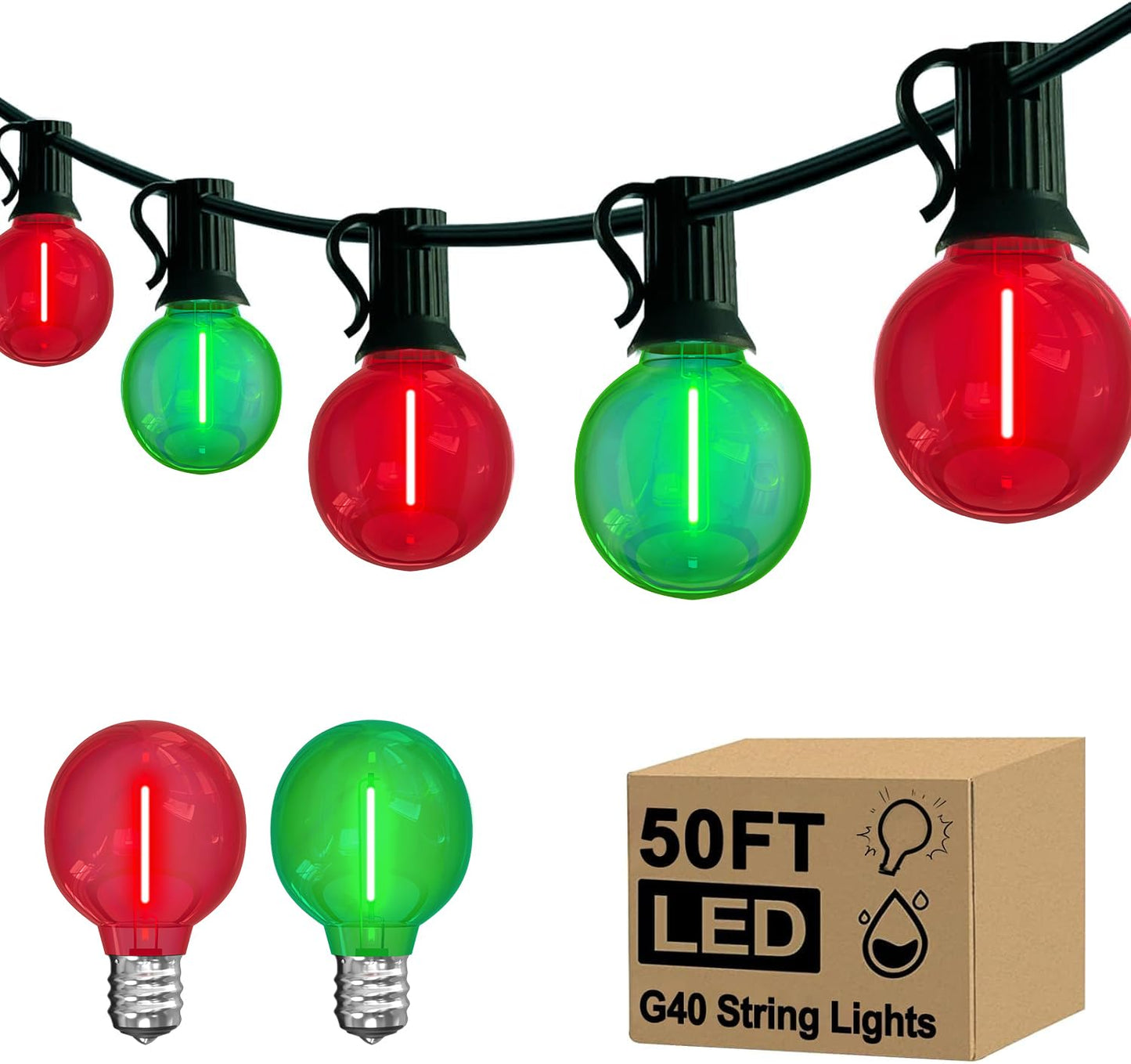 Romasaty G40 LED Christmas String Lights, 50FT Christmas G40 String Lights with 27 Shatterproof LED Clear Red Green Bulbs, Xmas Outdoor Decoration Lights for Patio Backyard Roofline Garden Yard