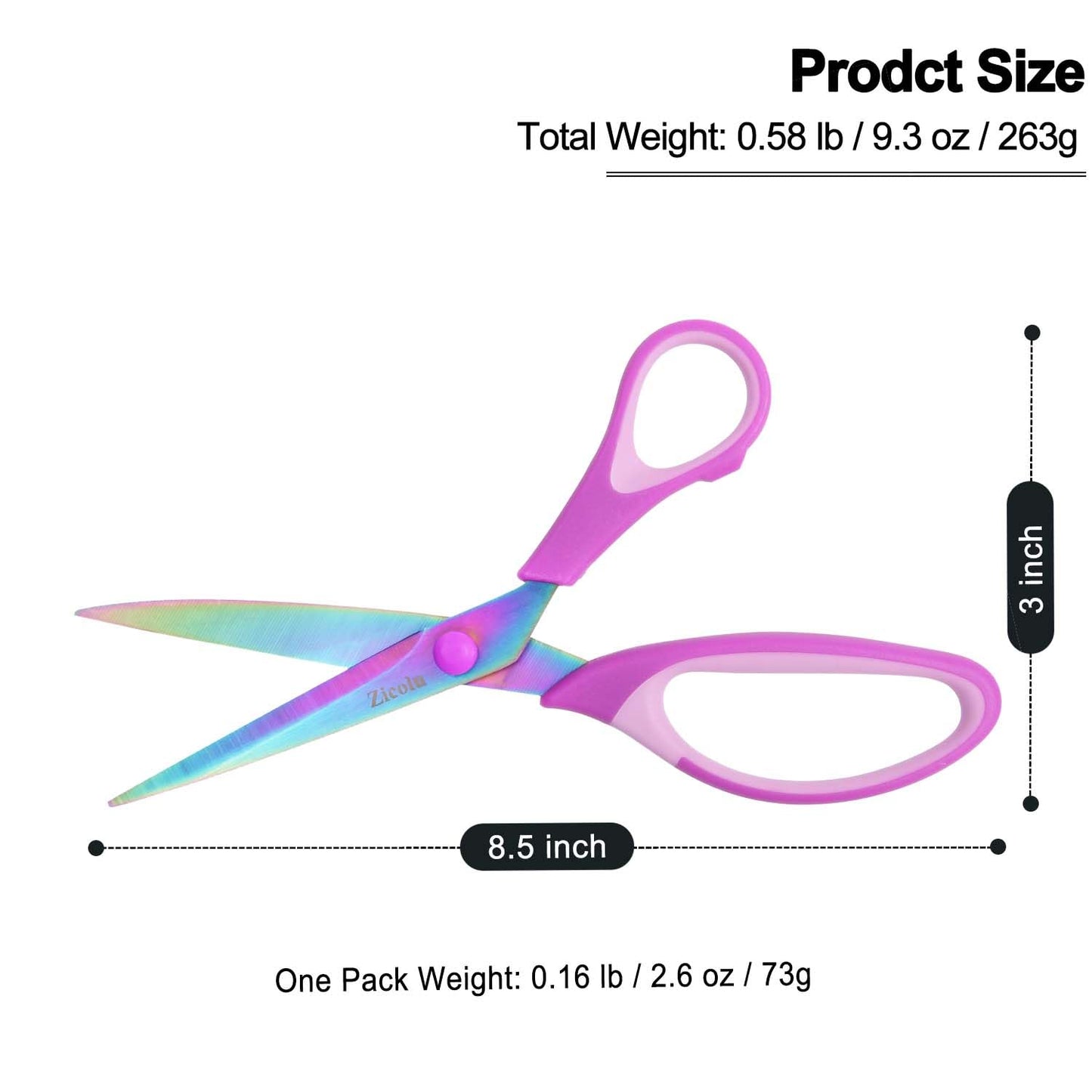 Zicolu 8.5" Scissors All Purpose, Multipurpose Office Scissors Set of 3 Pack, Titanium Coating Sharp Blade, Soft Comfort-Grip, Ideal for Fabric, School, Home, Craft & Sewing, Right/Left Handed, Purple