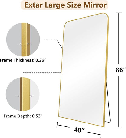 Koonmi Full Length Mirror, 86"x40" Mirror Full Length with Stand, Gold Domed Top Square-Edged Floor Mirror with Aluminum Alloy Frame for Bedroom Living Room