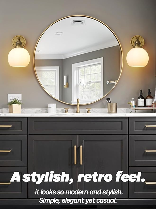 Gold Wall Sconces,Vintage Bathroom Vanity Light with Milk Glass Modern Brass Sconces Wall Lighting for Living Room Bedroom Hallway Stairway E26 Hardwire Indoor