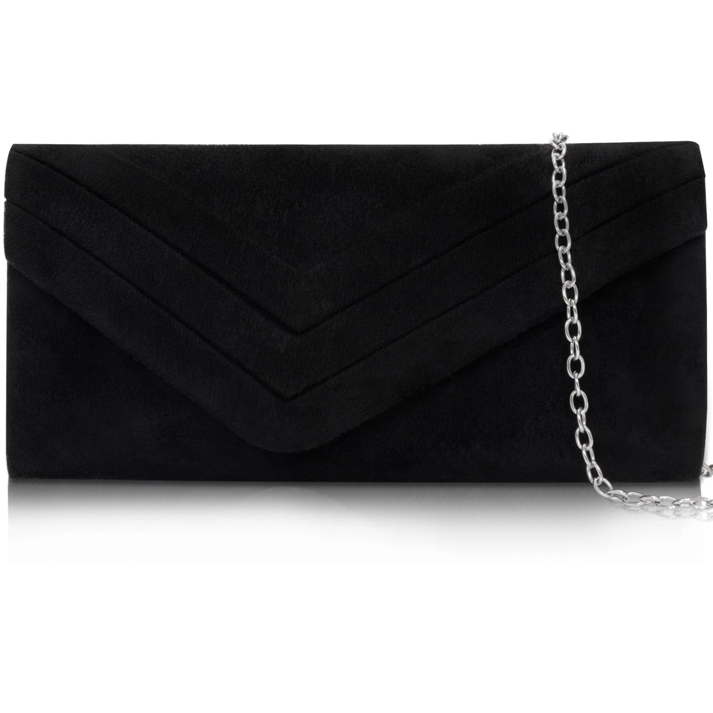 Larcenciel Elegant Black Suede Envelope Clutch Purse for Women, Soft Velvet Pleated Evening Bag with Detachable Chain Strap, Ladies Party Handbag for Formal Events, Wedding, Cocktail, Prom, Date Night