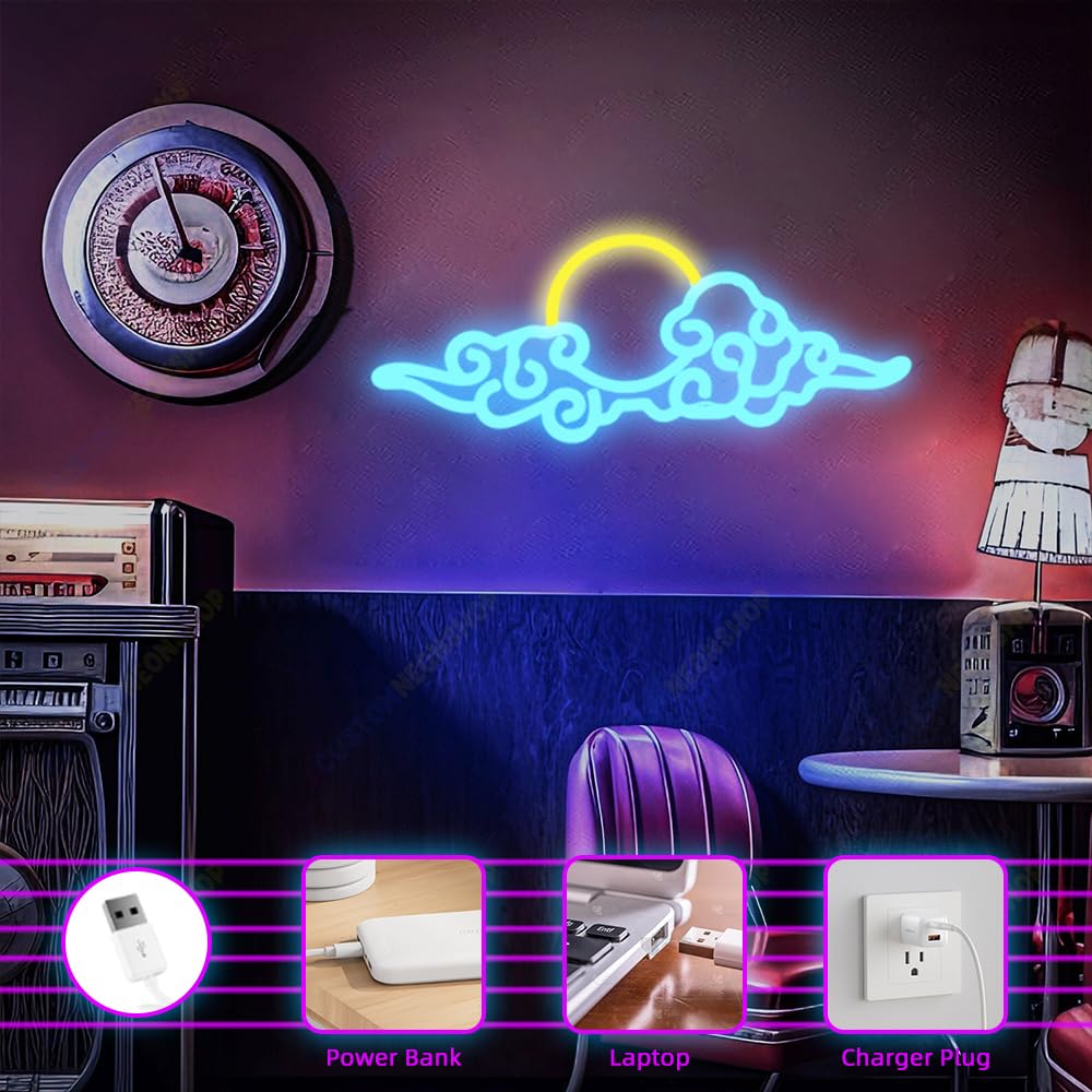 Sunset Sunrise Neon Sign Dimmable anime cloud Led Signs for Wall Decor Room Decor Bedroom Anime-themed for Men cave Office Bar Birthday Party Christmas(Ice Blue Orange)