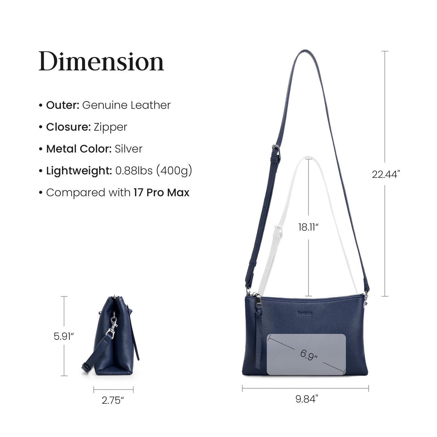befen Genuine Leather Crossbody Bag for Women, Small Leather Crossbody Purse with RFID Card Slots and Adjustable Strap for Travel- Navy