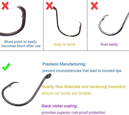 Circle Hooks - 50Pcs Super Sharp Offset Catfish & Octopus Hooks | Nickel Coated High Carbon Steel, Sizes #1-8/0