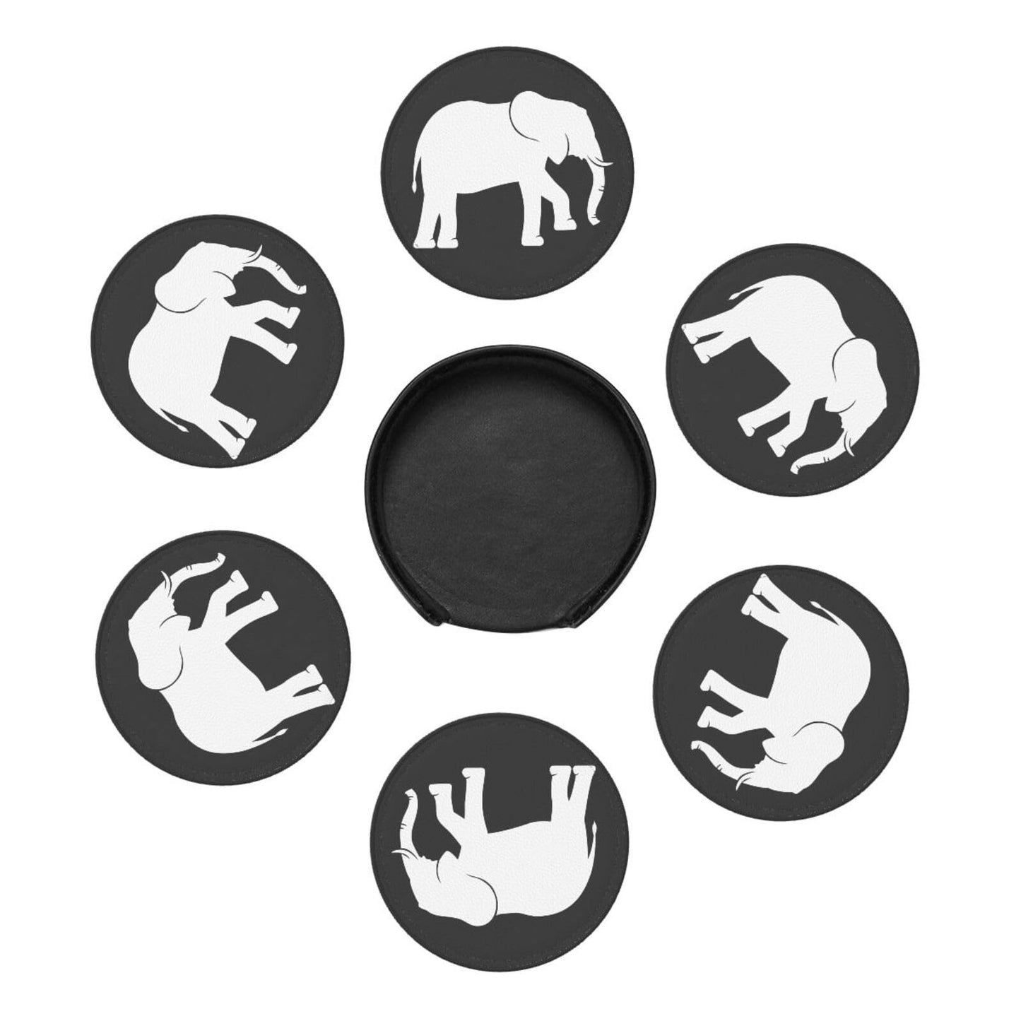 Black and White Elephant Leather Drink Coasters Set of 6 with Holder Round Cup Coaster for Table Decor