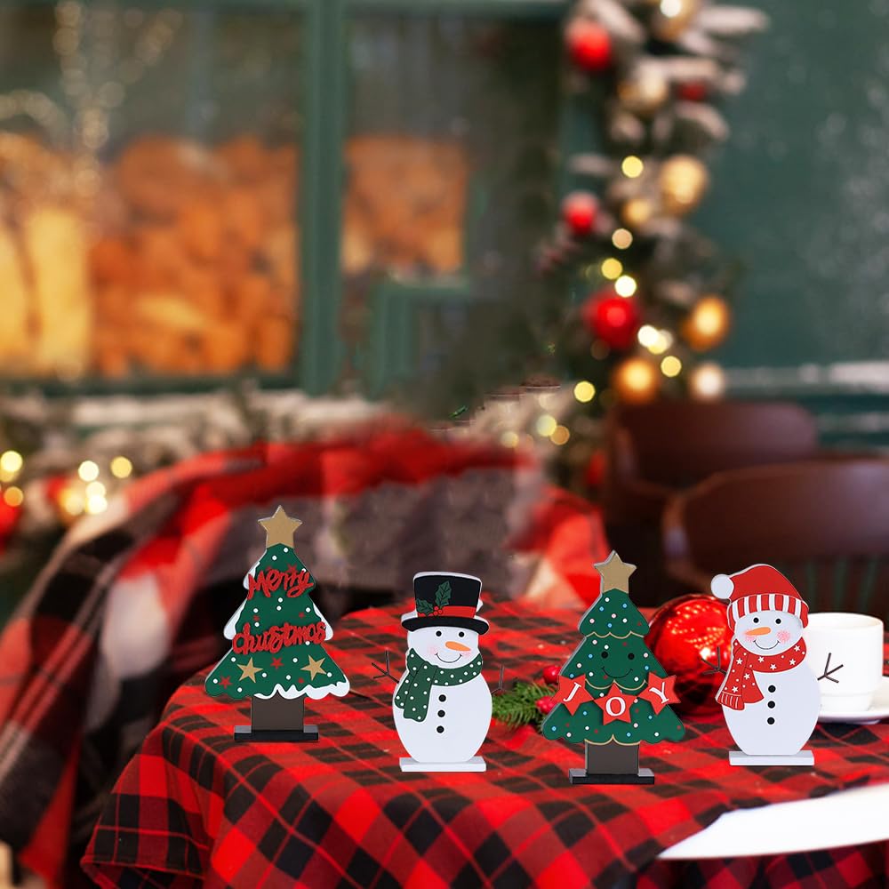 DECSPAS Christmas Decorations Indoor, 4 PCS Wood Christmas Trees & Snowmen for Centerpiece Table Decorations, Wooden Tiered Tray for Xmas Decor, Home, Winter, Tabletop, Mantel, Shelf, Gifts