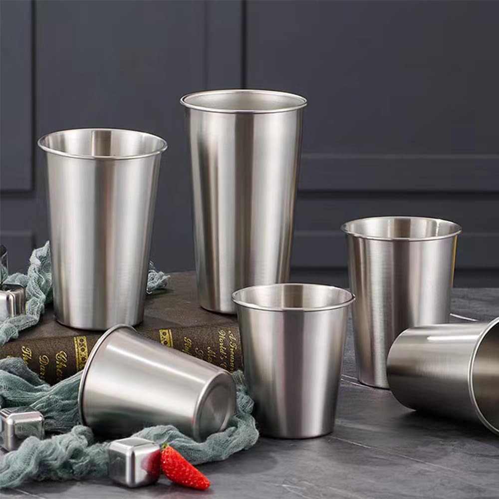 8 Pack 20oz Pint Cups with 4 Cup Sleeves, Stainless Steel Cups, Stackable Metal Cup Tumbler, Premium Metal Drinking Glasses for Cold Drinks, Chilling Beer Glasses for Party Camping (8 PCS, Silver)
