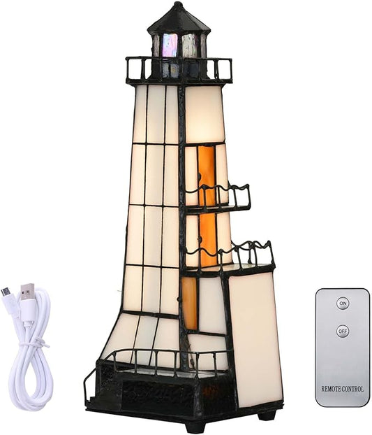 Bieye L10779 Lighthouse Tiffany Style Stained Glass Accent Table Lamp Night Light with Lookout Platform for Home Decoration (4x6x11, Brown)