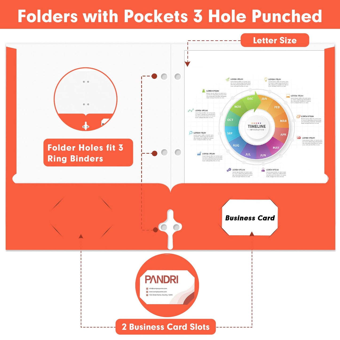 Two Pocket Portfolio Folders, PANDRI 60 Pack 3 Hole Punched 2 Pocket Folders for 3 Ring Binder, Letter Size Paper File Folder for School Office Home Business, Red