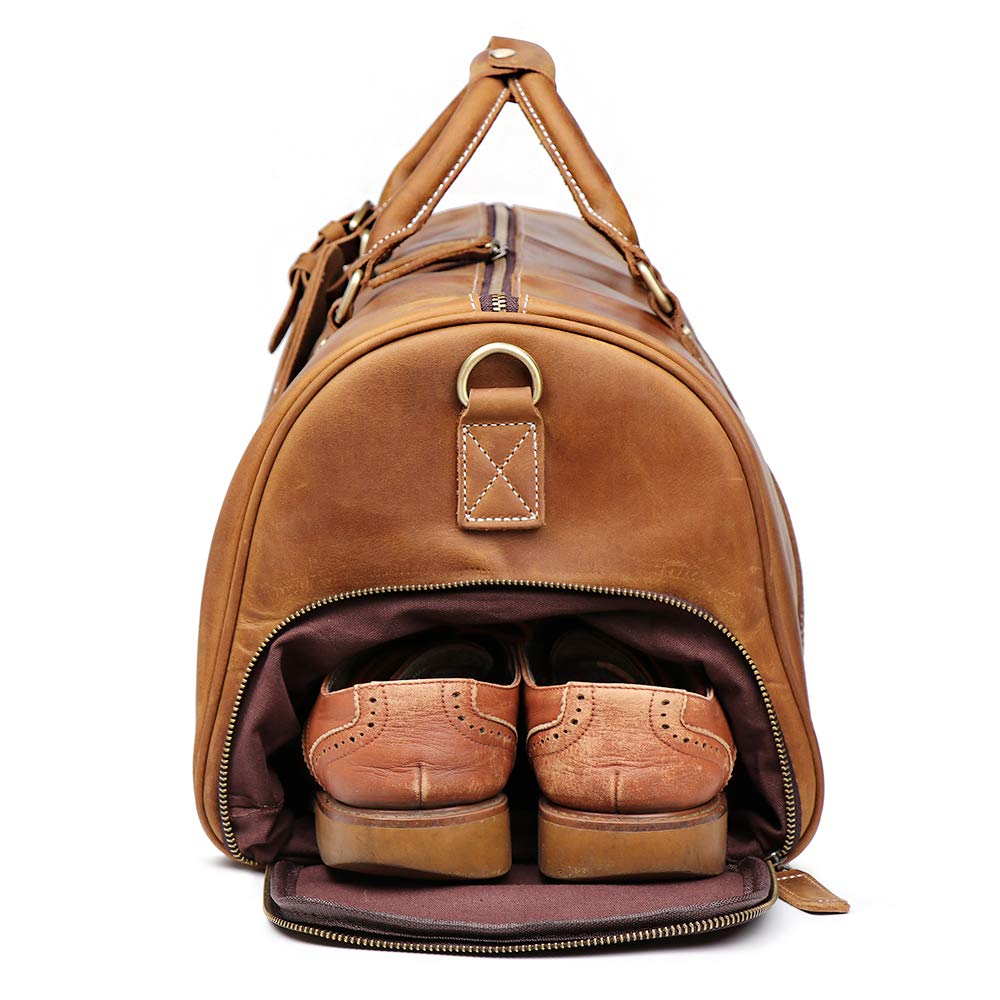 Leathfocus Leather Travel Luggage Bag with Ykk Zipper, Mens Duffle Retro Carry on Handbag (Brown)