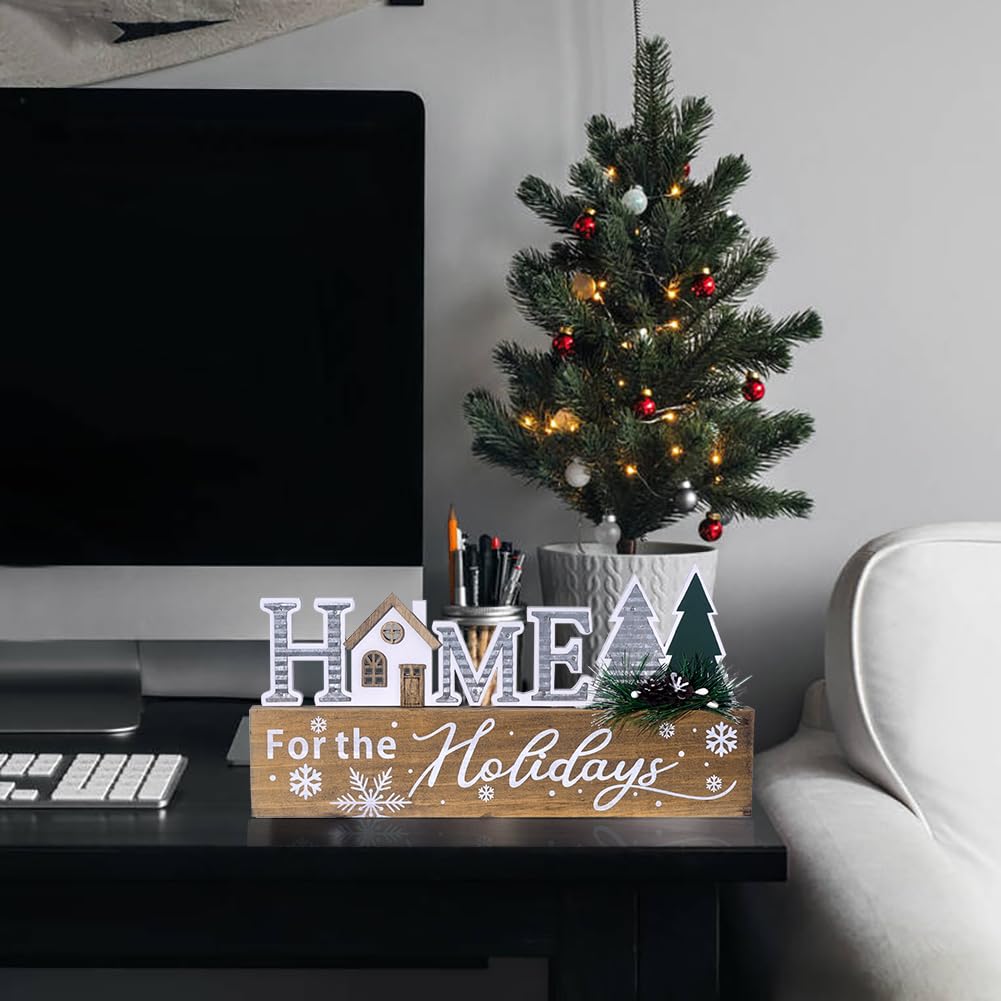 Wooden Christmas Sign Blocks, HOME for the Holiday Quote Table Decor, Xmas Centerpiece Block Sign with Snowflake & Pine Tree, Office Desk Mantle Decoration (BROWN)