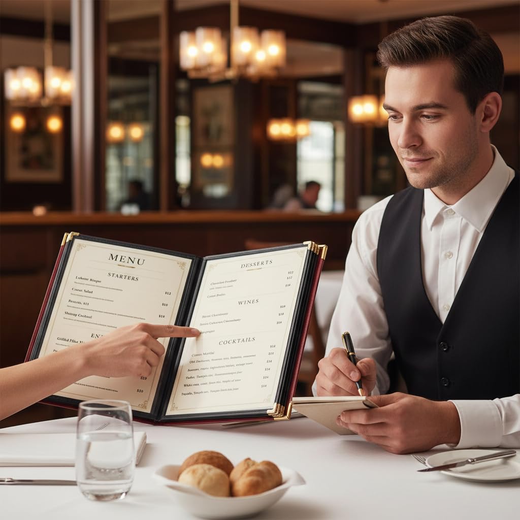 Restaurant Menu Covers 8.5×11 – 8 Page 16 View Menu Sleeve, Premium Burgundy Red Faux Leather, Waterproof Durable Menu Holder for Bar Cafe Hotel, 2 Pack