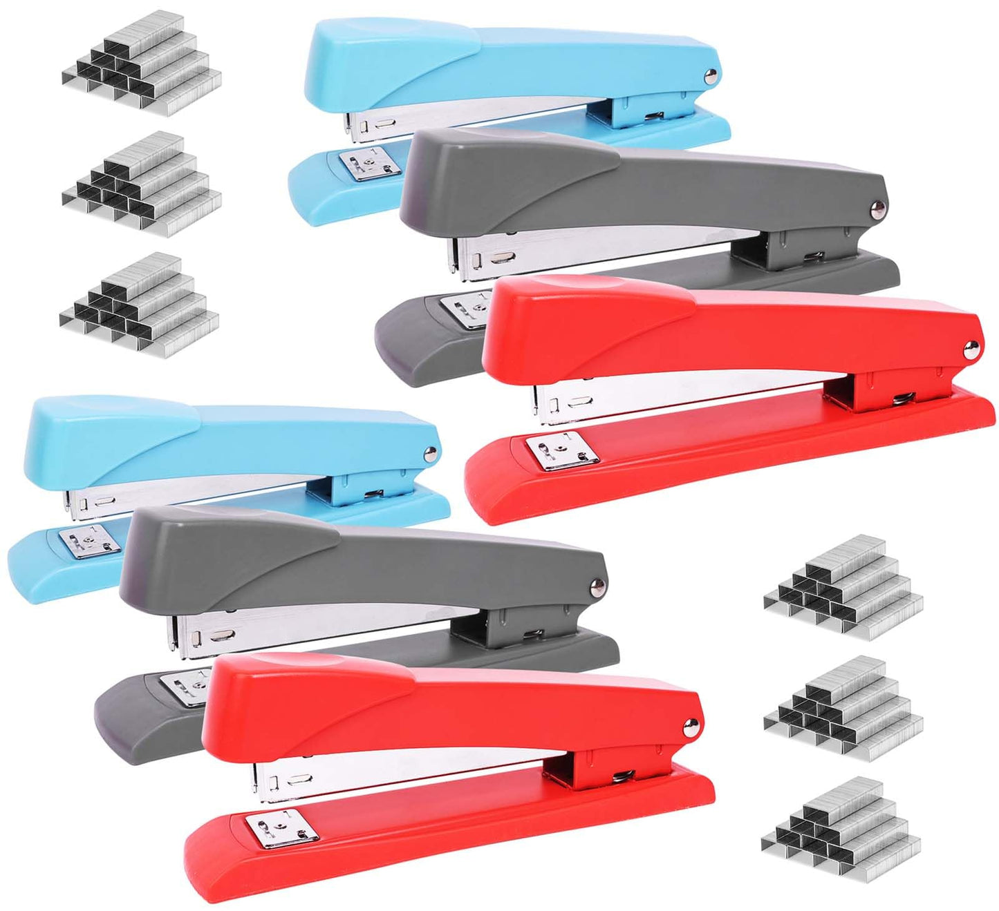 Clipco Stapler with 2000 Staples Full Desk Size Multi Color Red Gray Blue (Pack of 6)