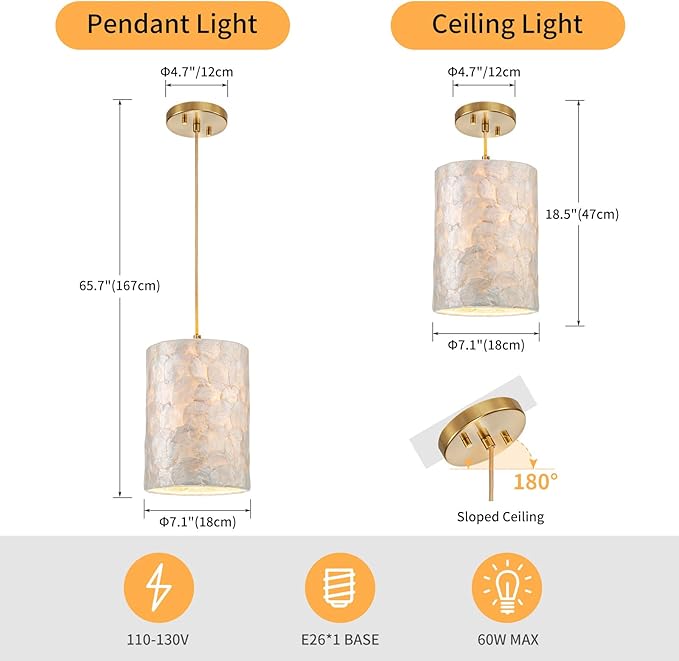 1-Lights Capiz Shell Chandelier, Coastal Design, Modern Pendant Light Fixture for Dining Room, Living Room, Kitchen Island, D7 x H18~66"(Adjustable Height), Shell Lampshade & Gold Finish Frame