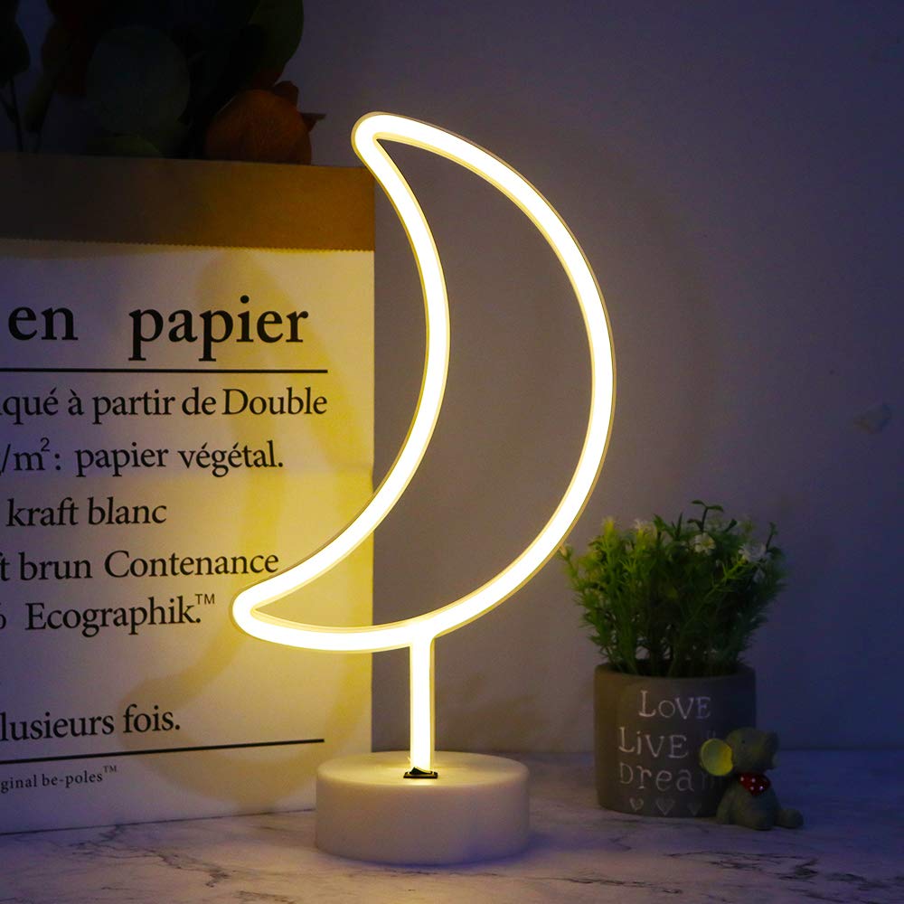 Vicila LED Moon Neon Signs, Crescent Night Lights Ramadan Decor USB Battery Operated Moon Lamp for Birthday Party, Wedding, Halloween, Christmas Decorations-Holder Base(Warm White)
