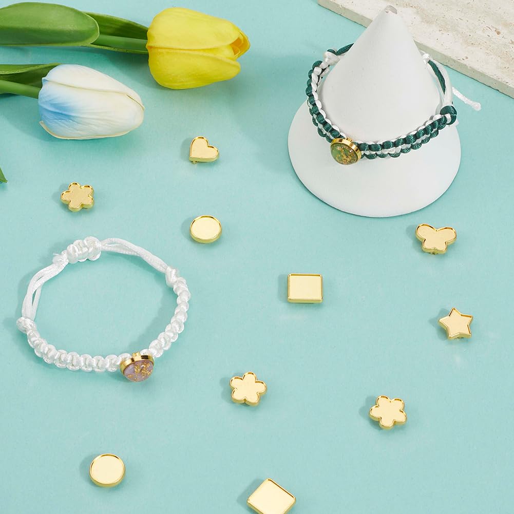 SUNNYCLUE 1 Box 48Pcs 6 Styles Bezel Tray Settings Gold Slider Charm Bulk Round Star Butterfly Heart Blank Trays Metal 8mm Hole Slide Beads for Bracelets Jewelry Making Supplies DIY Crafts Wristbands