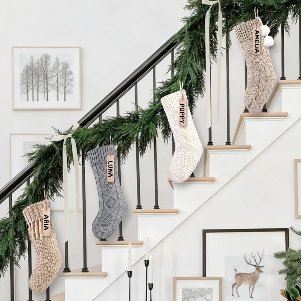 Teeanzo 4Pack 18 Inches Christmas Knitted Hanging Stockings,Xmas Large Farmhouse Rustic Neutral Cable Knit Personal Stockings Decorations for Christmas Tree Fireplace Family Holiday Party Decor