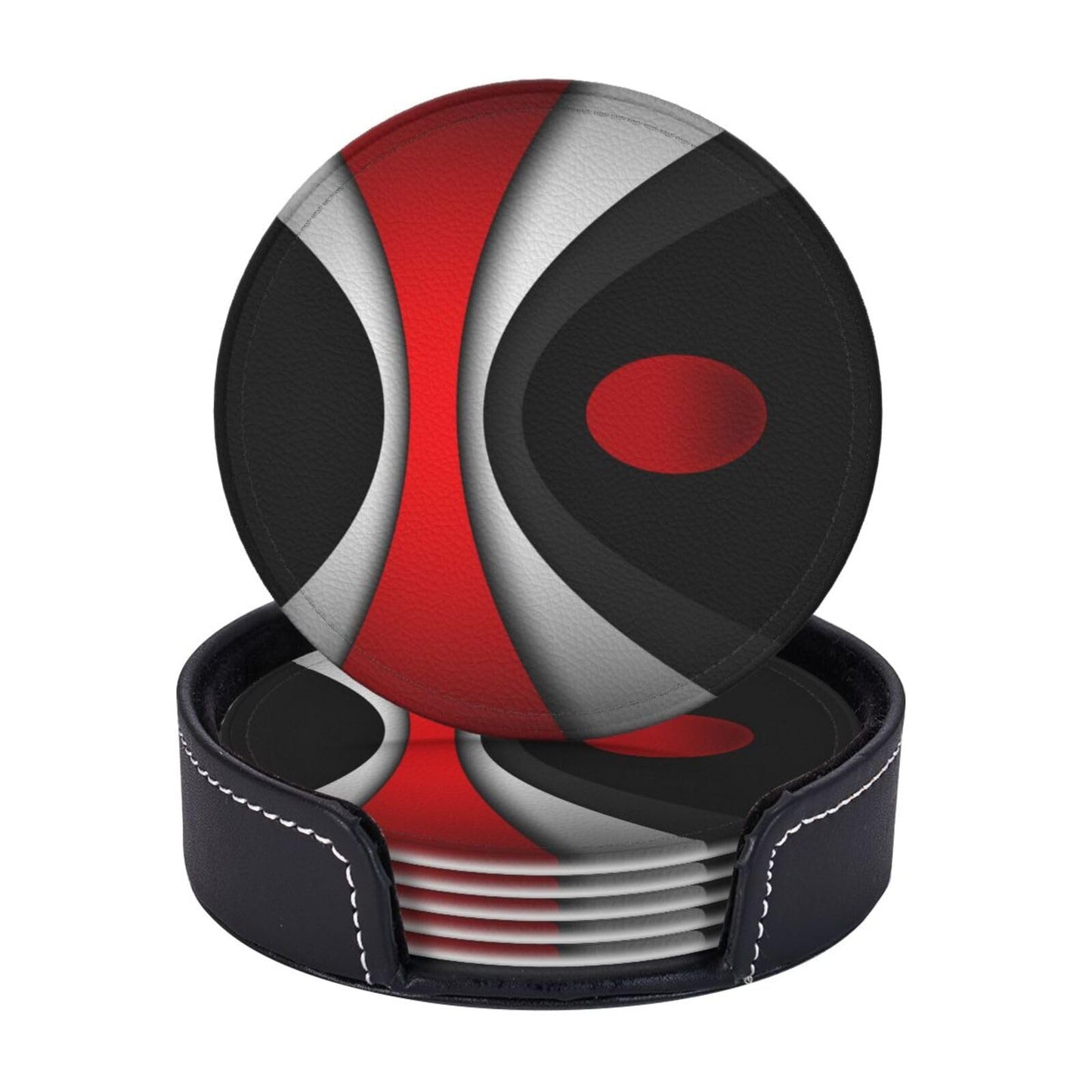 Keeawou Black in Modern Abstract Red Leather Drinks Coasters with Holder, Set of 6, Suitable for Various Cups