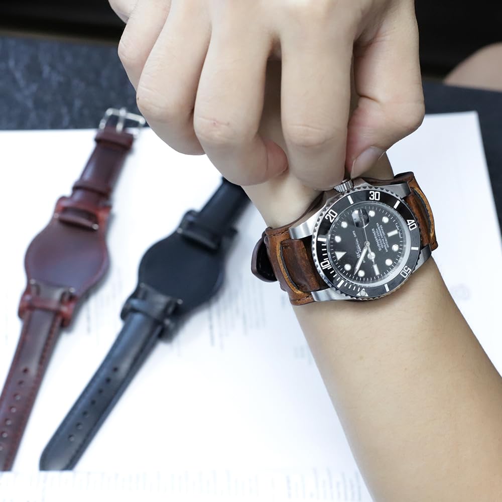 Onthelevel Leather Cuff Watch Strap 18mm 19mm 20mm 21mm 22mm Vintage Genuine Leather Bund Watch Band with Mat for Men