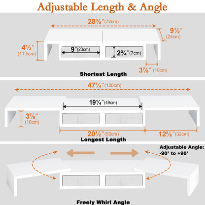 TEAMIX Dual Monitor Stand Riser - Length and Angle Adjustable White Monitor Stand with 2 Drawers to Storage Large Computer Riser for 2 Monitors/Laptop/PC, Wood Screen/TV Stand Desk Organizer (White)