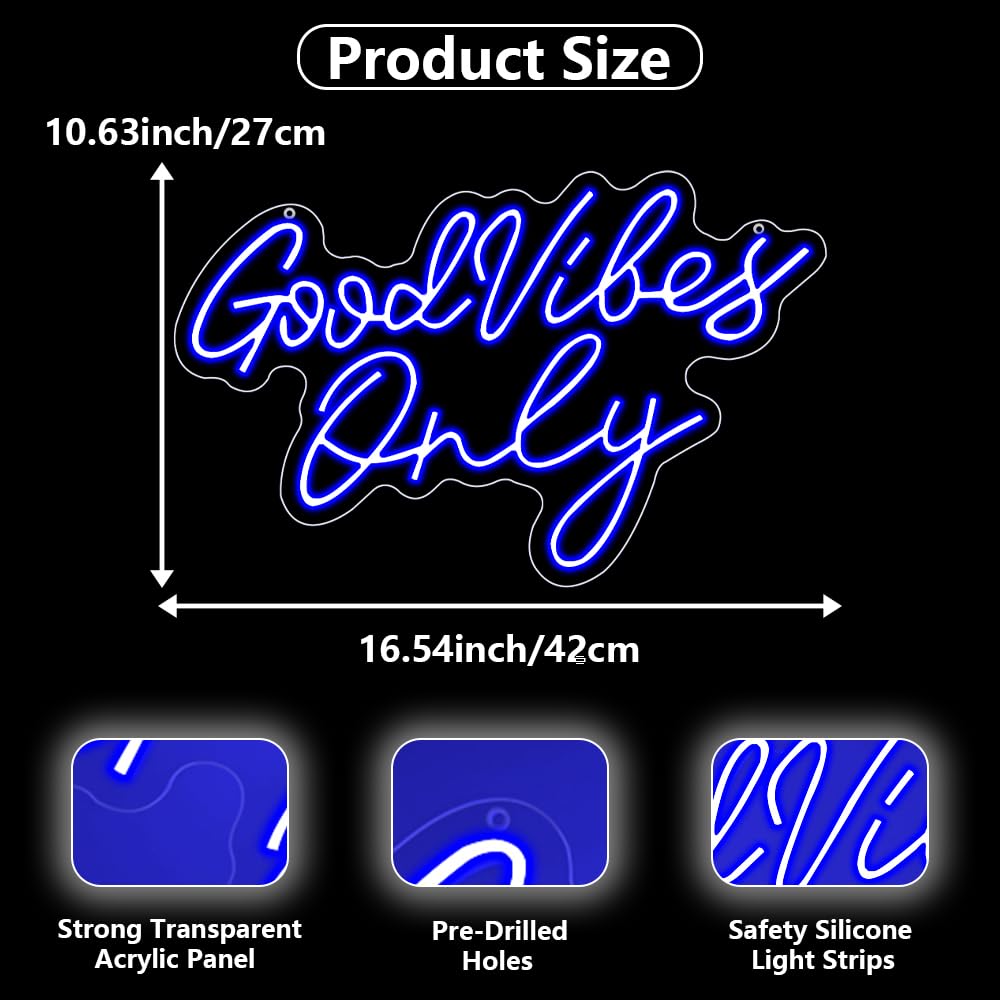 Good Vibes Only Neon Signs,Adjustable Brightness Blue Good Vibes Only LED Signs for Wall Decor, Cool Neon Lights Letters Light up Signs for Bedroom,Bar,Party, Salon Birthday,Christmas Gifts