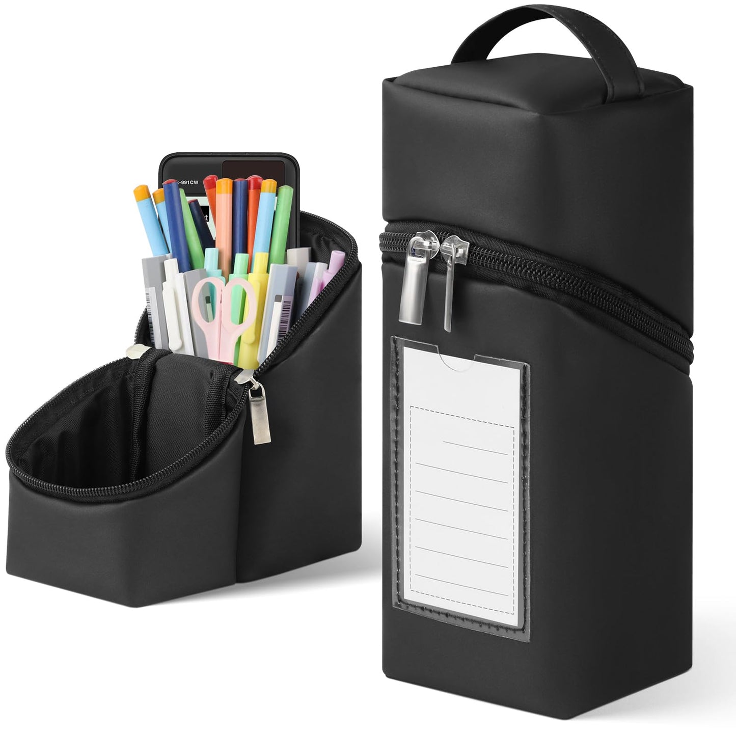 Zeckzoin Standing Aesthetic Pencil Case Pouch Large Capacity Preppy,Double Zipper with Handle Multi Compartments Organizer,Black