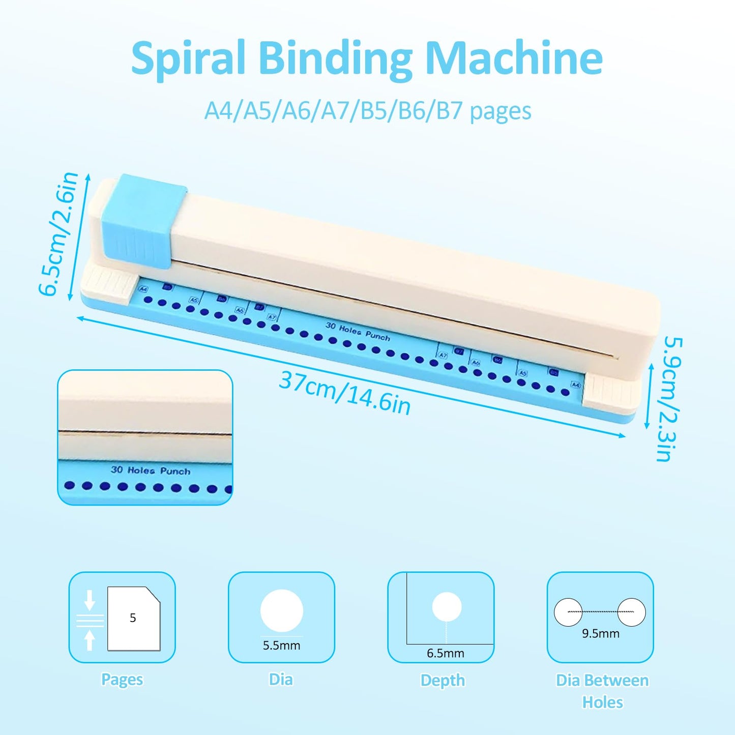 30 Hole Paper Punch, Portable Loose Leaf Paper Punch for Discbound Notebooks and Journaling Supplies, Adjustable 5 Sheets Capacity Hole Puncher for A4/B5/A5/B6/A6/B7/A7 Paper