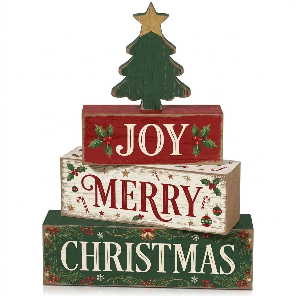 4 Pcs Christmas Decor Joy Merry Christmas Wooden Block Signs Farmhouse Rustic Tabletop Centerpiece Xmas Tiered Tray Decor with Green Tree for Home Kitchen Mantel Shelf Party Gift