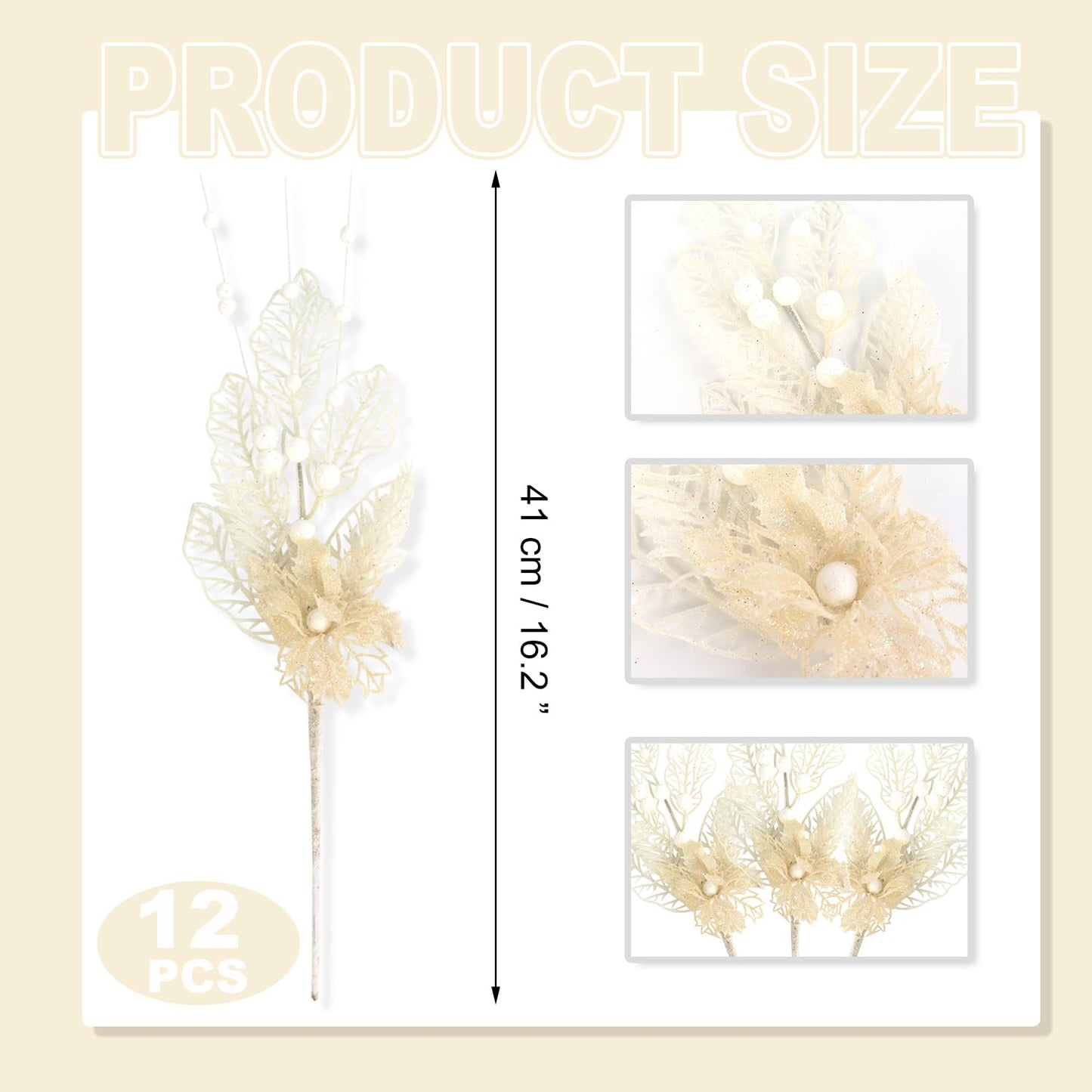 12 Pcs 16.3 Inch Christmas Tree Picks for Christmas Decoration Tree Glitters Christmas Picks Sprays with Flowers Berry Leaves Christmas Glitter Berries Stems for Xmas Tree Ornaments(White)