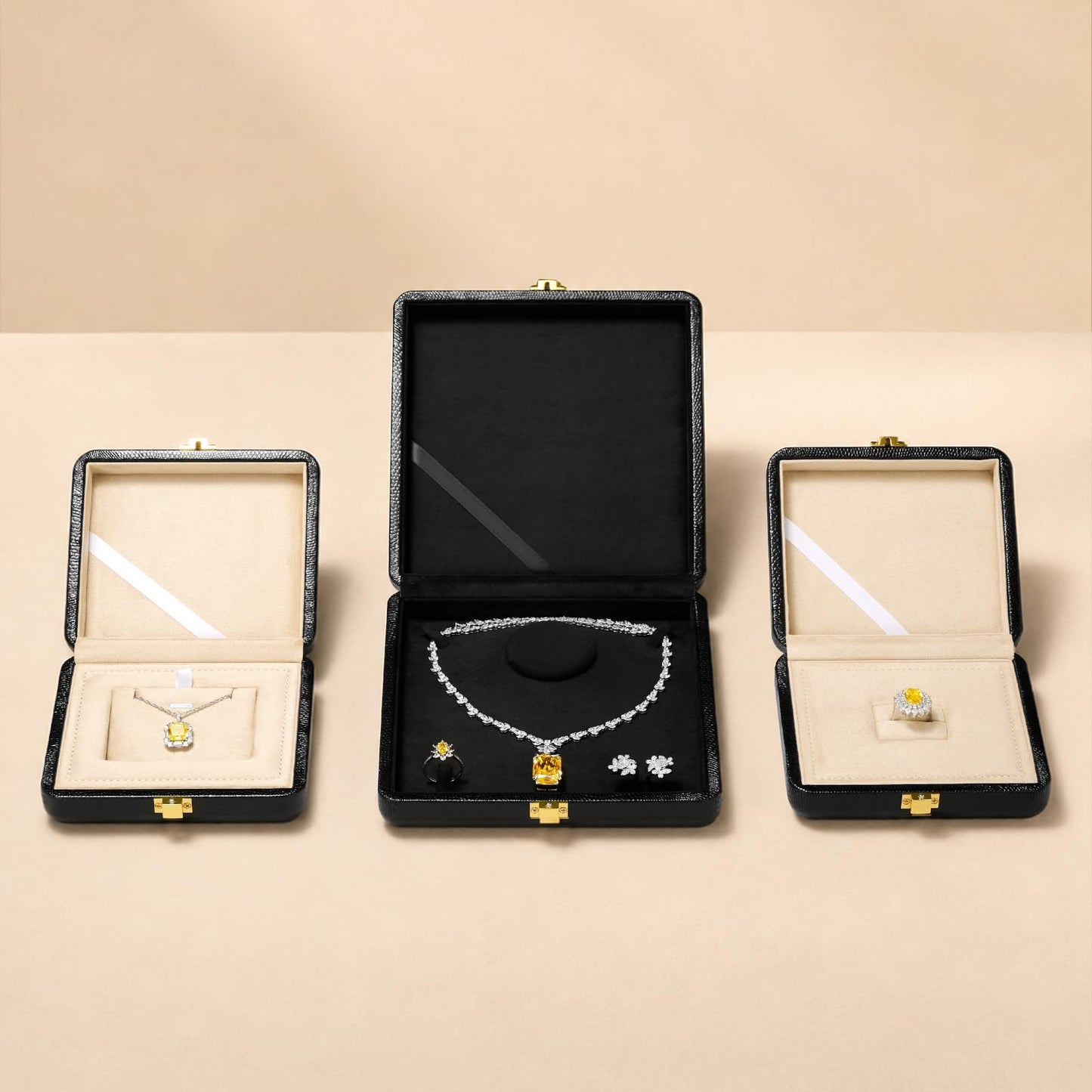 Oirlv Black Leather Jewelry Set Box with Gold Clasp, Luxury Velvet Lined Organizer for Rings, Necklaces & Earrings