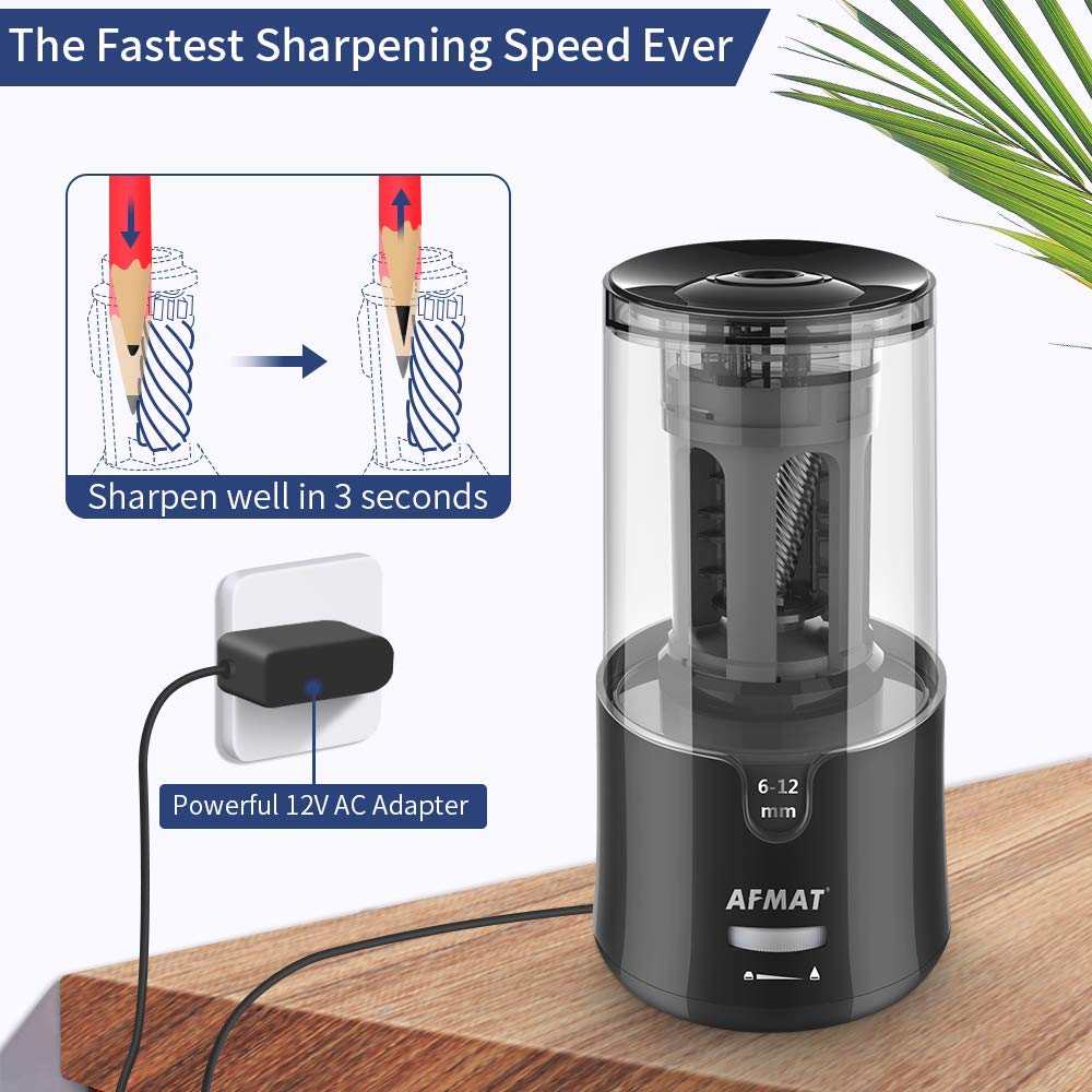 AFMAT Electric Pencil Sharpener - Auto Stop, Super Sharp & Fast, Plug in Pencil Sharpener for 6-12mm No.2/Colored Pencils - Classroom/Office/Home PS92