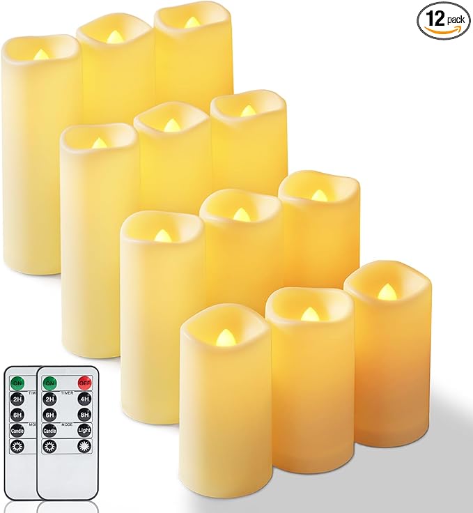 Homemory 12 Pcs Waterproof Flameless LED Candles with Remote & Timer, 4-Size Set (D2.2'' x H4''5''6''7''), Battery Operated Candles for Home Decor, Outdoor Parties & Events