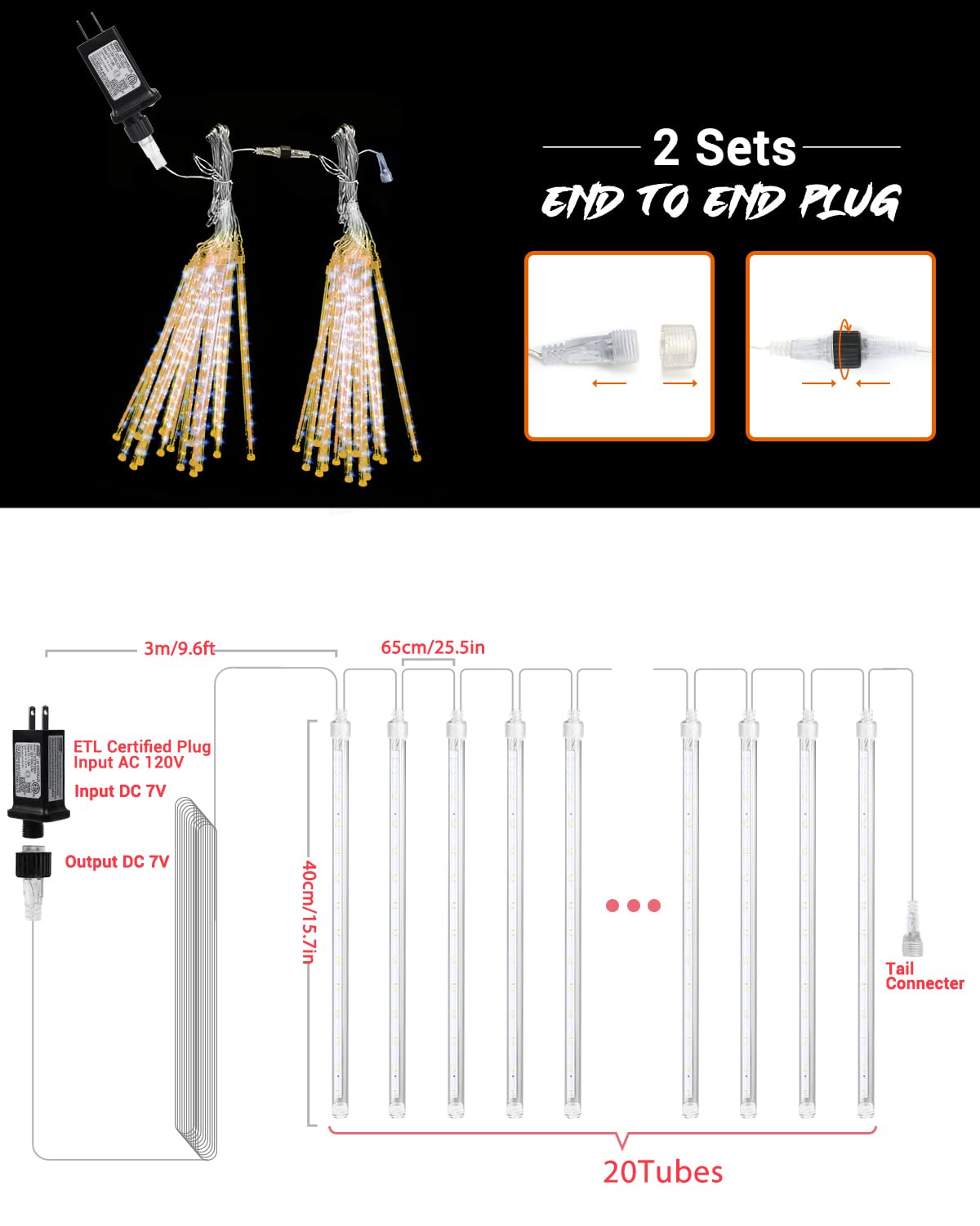iBaycon 20 Tubes 640 LED Meteor Shower Rain Lights, 15.7 inches Cascading Icicle Lights Waterproof Outdoor, Connectable Falling Raindrop Light with Timer for Holiday Party Christmas Decorations