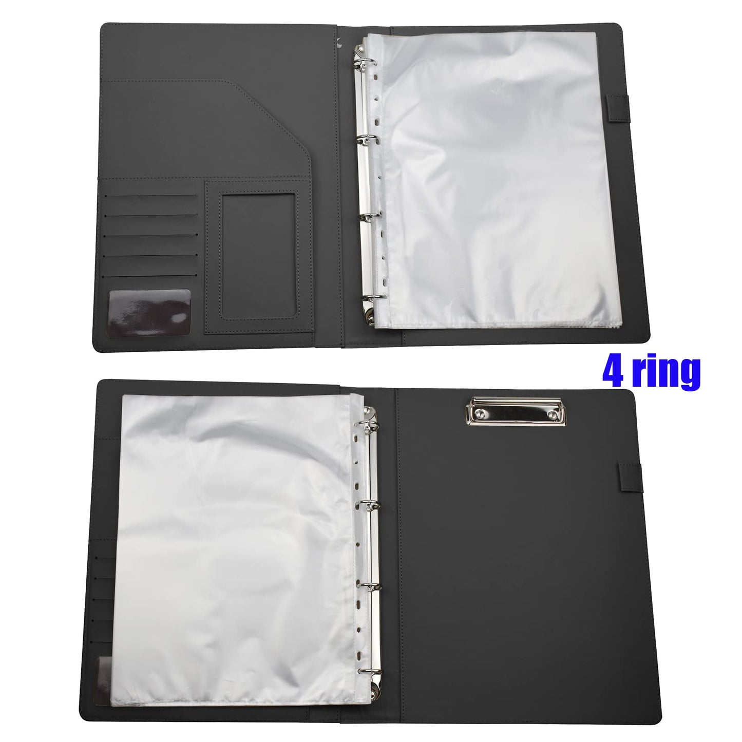 Enyuwlcm PU Leather Padfolio Ring Binder with Clipboard Resume Leather Portfolio with 20 Clear Plastic Sleeves Black