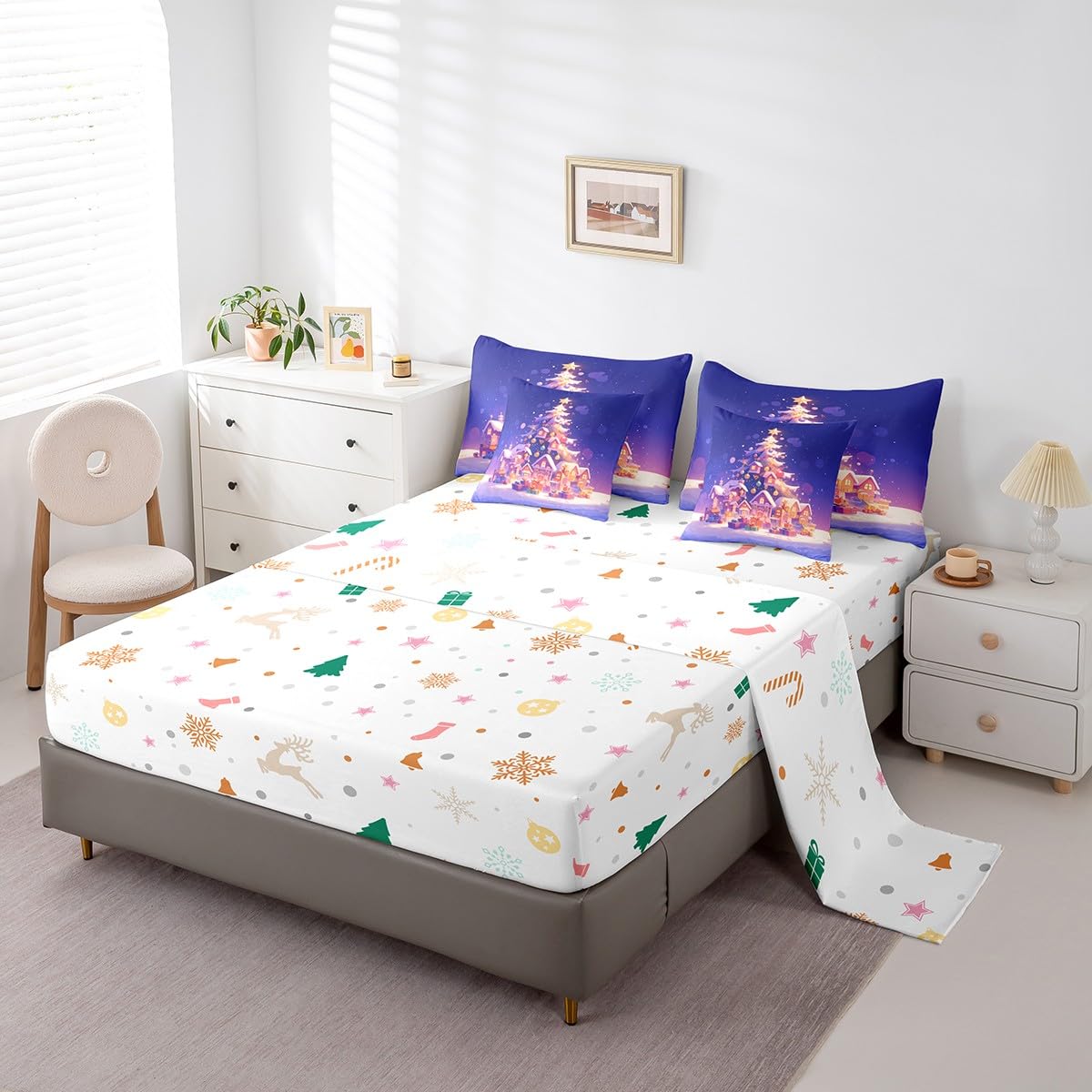 Manfei Merry Christmas 7 Pieces Comforter Set Full,Rustic Cabins Xmas Tree Gift Bedding Set for Bedroom Decor,Snow Winter Outdoor（Comforter+Fitted+Flat Sheet+2 Pillowcases+2 Throw Pillow Covers）
