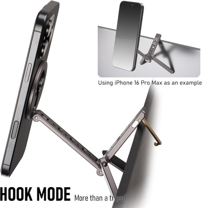 Magnetic Tripod for iPhone 12/13/14/15/16/17 & MagSafe Cases | Handy Phone Stand | 20 N52 Magnets Inside, Cold Shoe Mount, 1/4" Screw & Foldable Hook