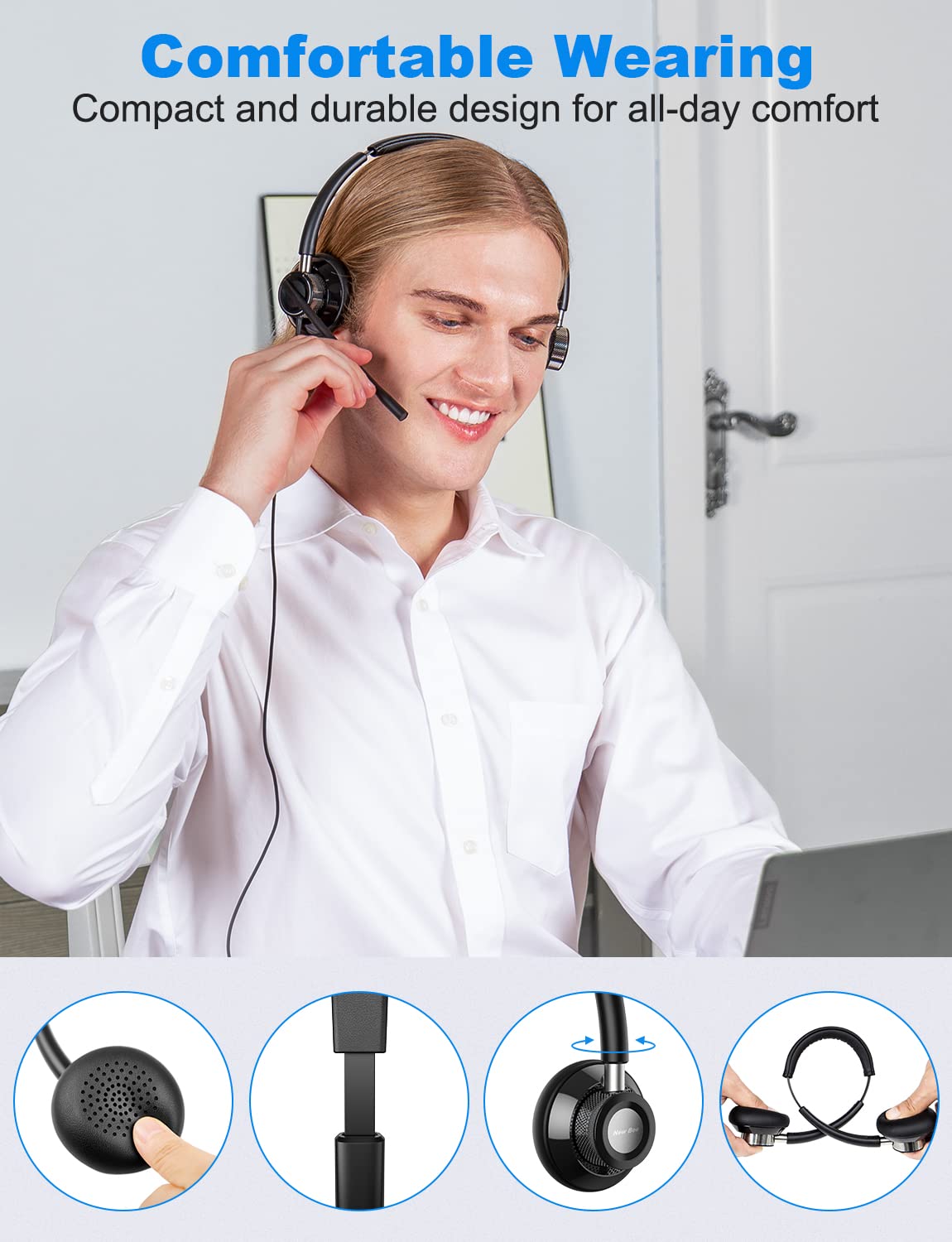 New Bee USB Headset with Microphone for PC, Computer Headset with in-line Mute Volume Control Wired Headset for Laptop, Skype, Zoom, Call Center, Meetings, Webinar, Home
